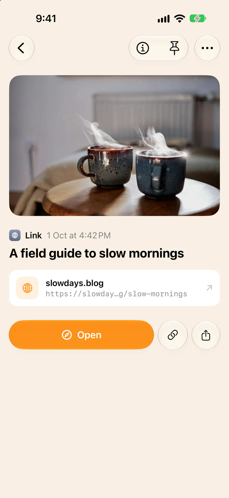 A saved link in Capture on iPhone, showing the page’s title, picture and site