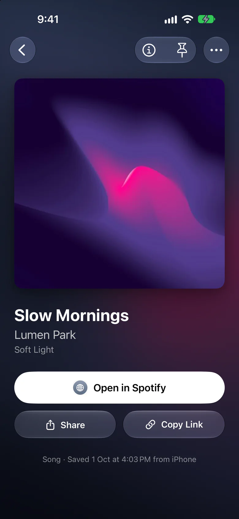 A saved song in Capture on iPhone, with its cover art