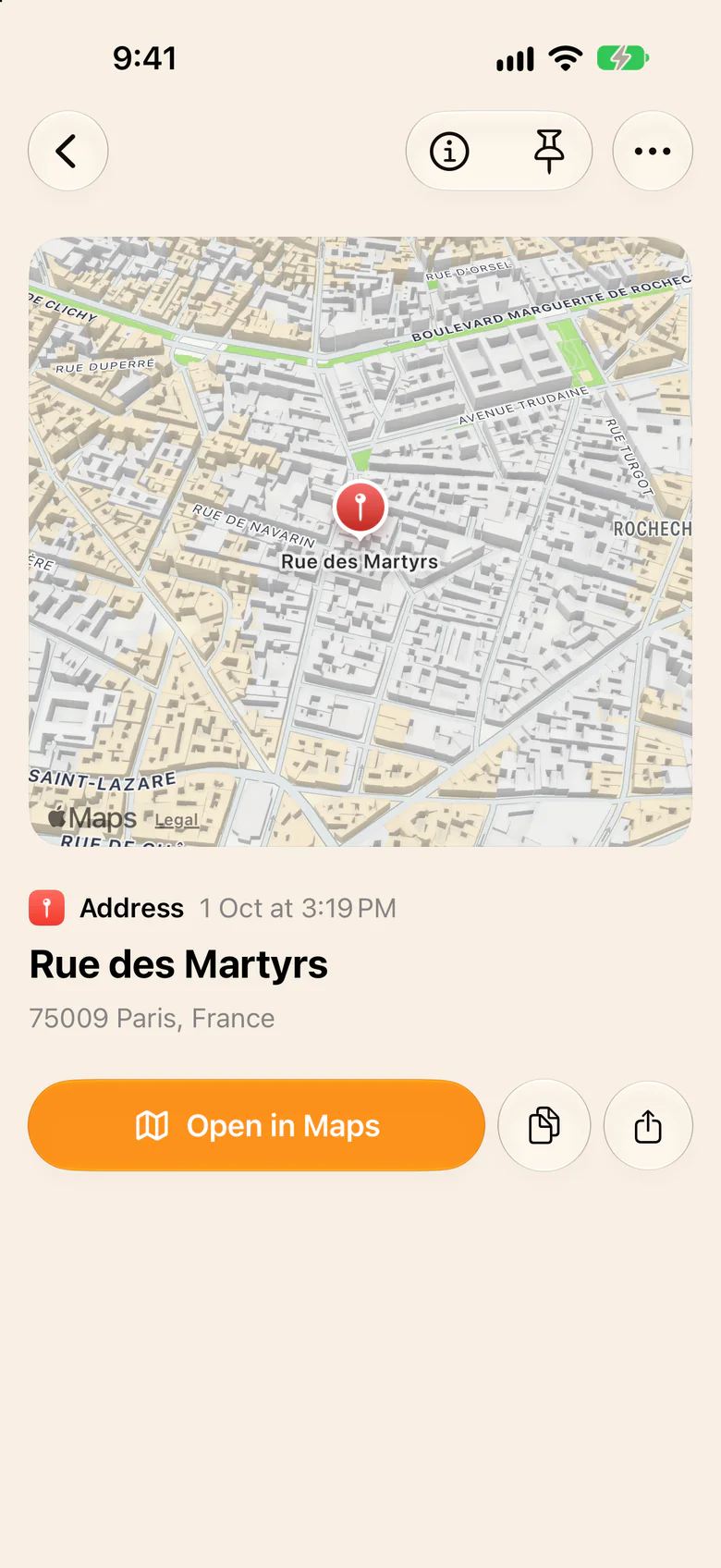 A saved address in Capture on iPhone, shown on a map